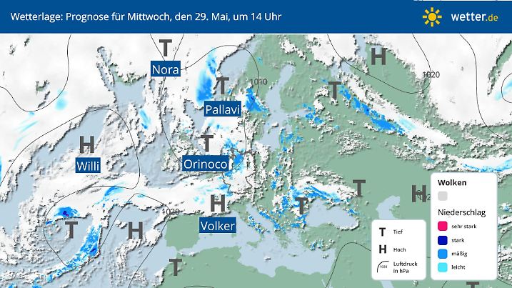 Wetterlage Europa und Deutschland am Mittwoch, 29. Mai 2024