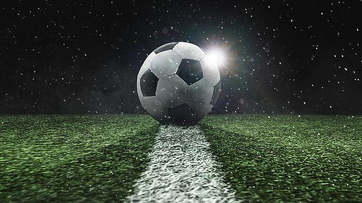 textured soccer game field in the rain at night -ball in the center, midfield