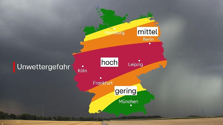 Unwettergefahr: Über der breiten Mitte herrscht bis in die Nacht hinein Warnstufe rot!