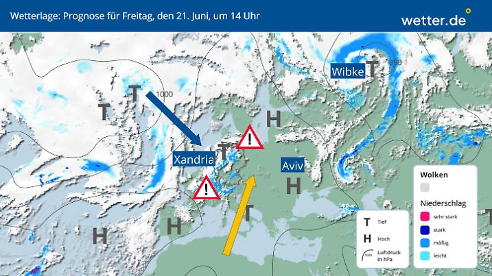Wetterlage: Schwüle Hitze trifft dich Tief Xandria auf kühlere Luft und viel Dynamik - Unwetter sind so gut wie sicher.