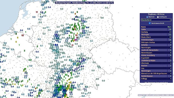 Niederschlagsraten der letzten Stunde