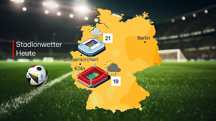 Die Wetterkarte zeigt die Wetterprognosen für Gelsenkirchen und Köln, wo die EM-Spiele stattfinden.