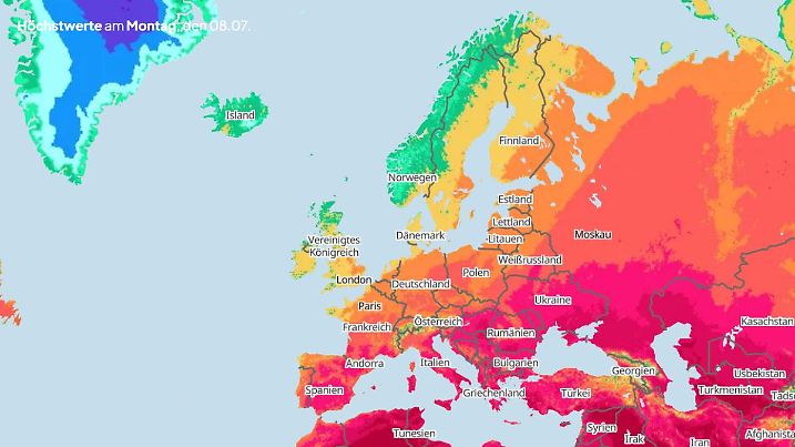 Temperaturen Europa am 8. Juli 2024