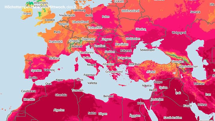 Temperaturverteilung in Europa am Mittwoch, den 10. Juli 2024.