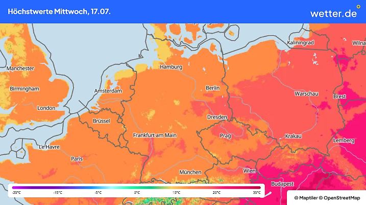 Temperaturhöchstwerte am Mittwoch, 17. Juli in Deutschland