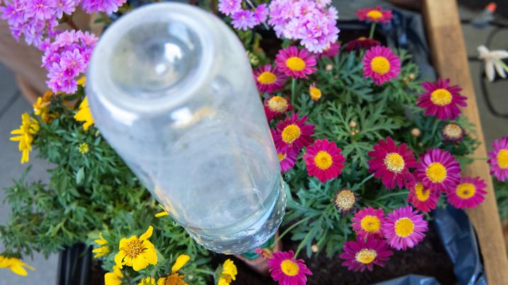ILLUSTRATION - Ein Bewaesserungssystem mit Flasche und Tonkegel steckt am 15.05.2019 auf einem Balkon in Berlin in einem Blumenkasten (gestellte Szene). Foto: Andrea Warnecke