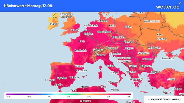 Prognose und Vorhersage für die Temperaturen am Montag, 12. August 2024