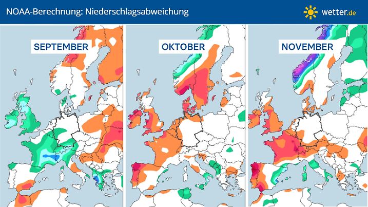 NOAA-Berechnungen für den Niederschlag von September bis November: Das Wetter könnte von "nasser als normal" (grün bis blau) auf "trockener als normal" (orange bis rot) kippen.