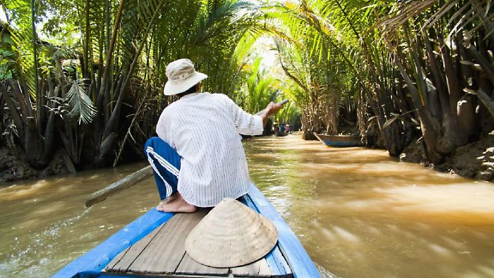 Boat trip up a narrow river in the Mekong Delta, Vietnam, Indochina, Southeast Asia, Asia