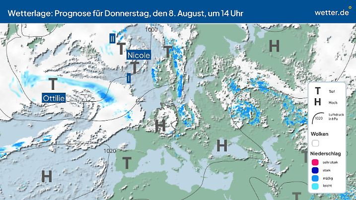 Wetterlage Europa und Deutschland am Donnerstag, 08.08.2024