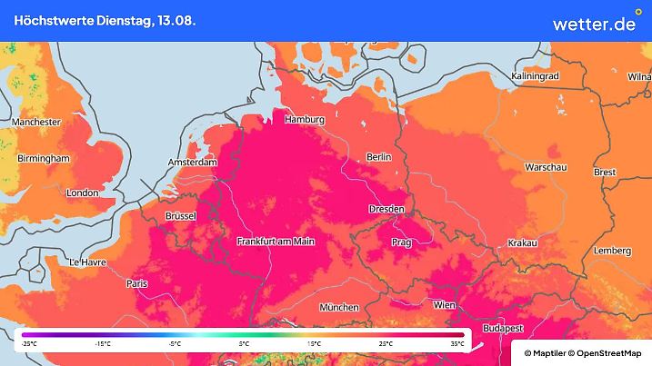 Die Grafik zeigt die Höchstwerte am Dienstag, 13.08.2024