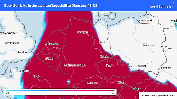 Das Gewitterrisiko am Dienstag, 13.08. von 12 bis 24 Uhr