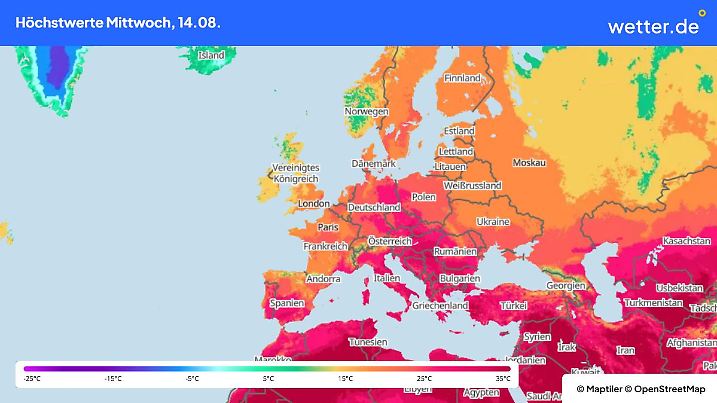 Die Grafik zeigt die Höchstwerte in Europa am Mittwoch, 14.08.2024