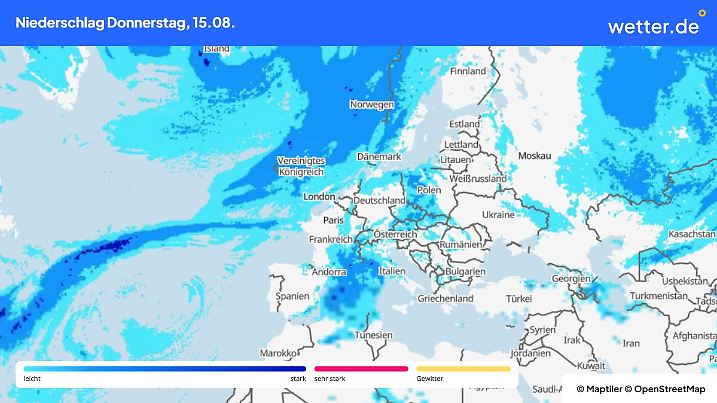 Die Grafik zeigt die Regenmengen am Donnertag, 15.08.2024 über Europa
