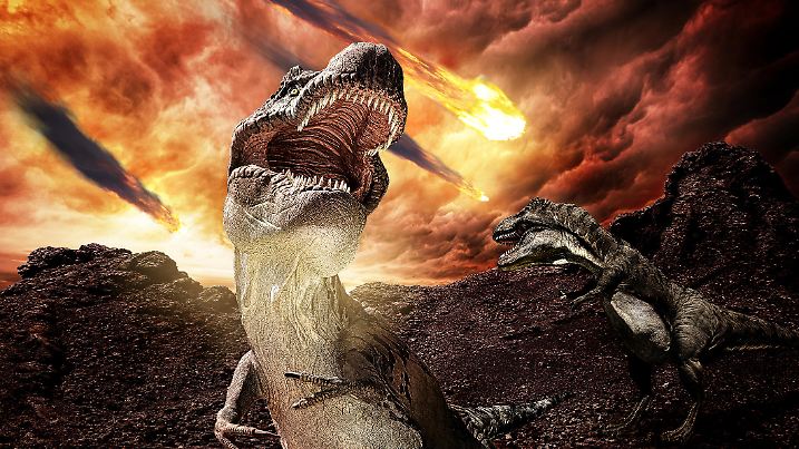 tyrannosaurus rex during meteors rain on jurassic era