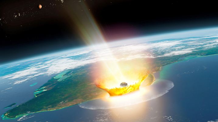 An artist's impression of a large asteroid impacting at Chicxulub on the Mexican coastline, which caused the end-Cretaceous mass extinction, 66 million years ago, with the planet Mars and asteroid bodies in the background, in this image obtained by Reuters on August 14, 2024. Illustration by Mark Garlick/Handout via REUTERS. NO RESALES. NO ARCHIVES. THIS IMAGE HAS BEEN SUPPLIED BY A THIRD PARTY