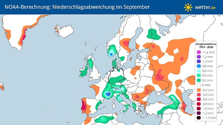 Das könnte sehr nass werden: Die NOAA berechnet für September "positive" Niederschlagsabweichungen in Mittel- und Südeuropa.