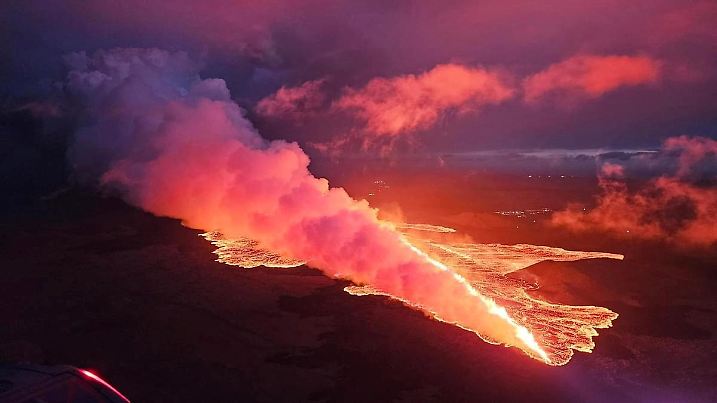 Lava spurts and flows after the eruption of a volcano in the Reykjanes Peninsula near Grindavik, Iceland, as seen in this handout picture obtained by Reuters on August 23, 2024. Civil Protection of Iceland/Handout via REUTERS THIS IMAGE HAS BEEN SUPPLIED BY A THIRD PARTY. MANDATORY CREDIT