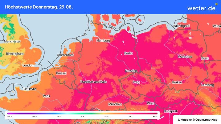 Die Grafik zeigt die Höchsttemperaturen am 29. August 2024 in Deutschland.