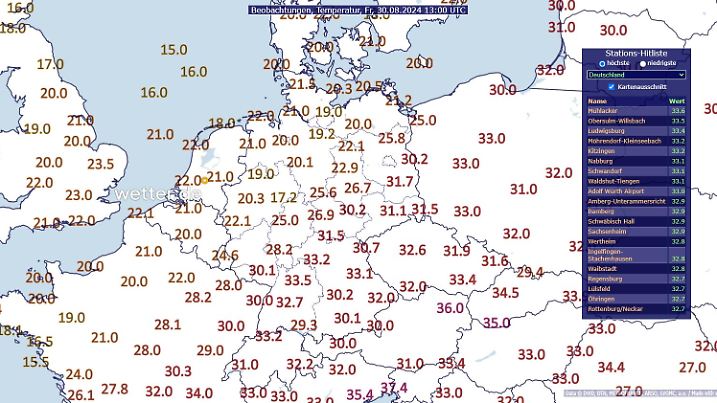 Nachmittagstemperaturen in Deutschland
