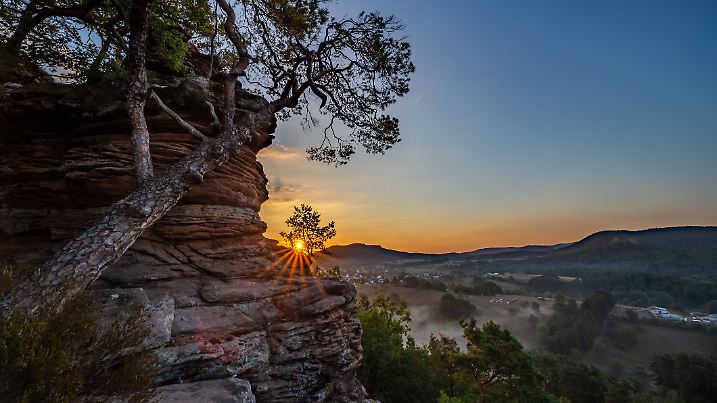 Sunrise above Dahn Rockland seen from Rock Sprinzelfelsen, Dahner Felsenland, Rhineland-Palatinate, Germany, Europe