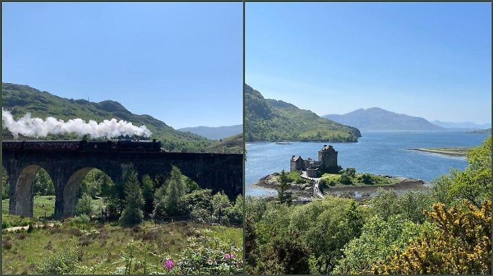 Harry Potter-Dampflok überquert das Glenfinnan Viaduct.