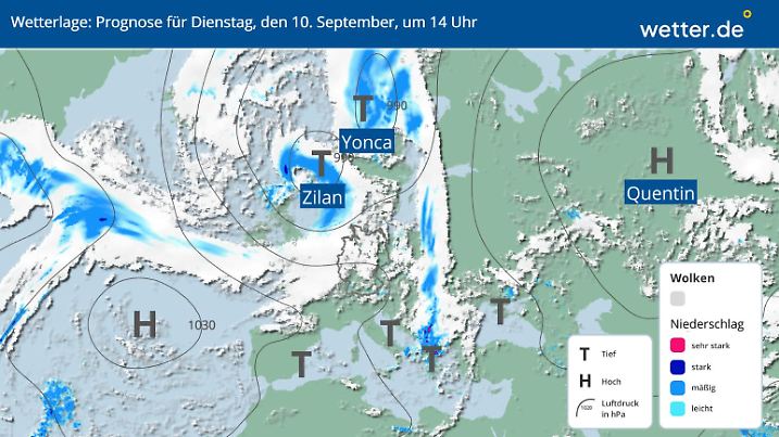 Die Wetterlage für Europa am Dienstag, 10.09.2024, 14 Uhr