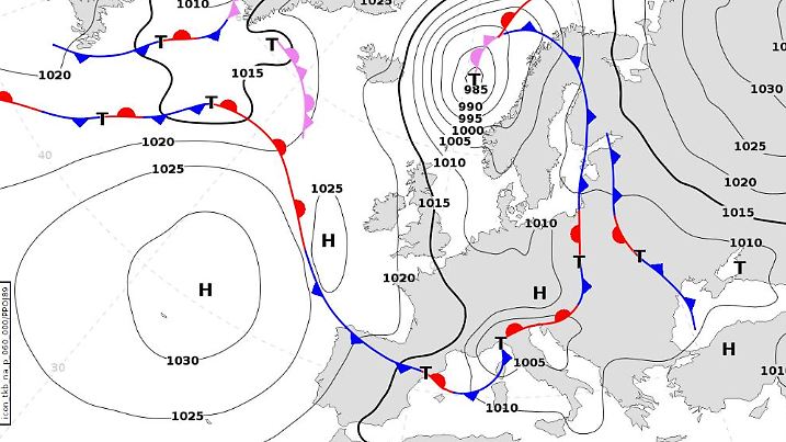 Die Grafik zeigt die Bodendruckkarte am Donnerstag, 12.09. um 12 Uhr UTC