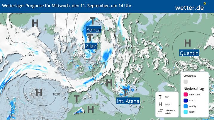 Die Wetterlage für Europa am Mittwoch, 11.09.2024, 14 Uhr