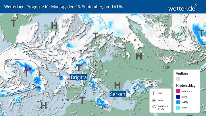 Wetterlage am 23.9.2024: Tiefdruckgebiete übernehmen die Wetter-Regie.