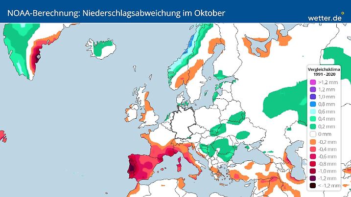 Die Europakarte zeigt die Abweichungen der Niederschläge im langjährigen Vergleich. So ist es in Deutschland fast deckungsgleich.