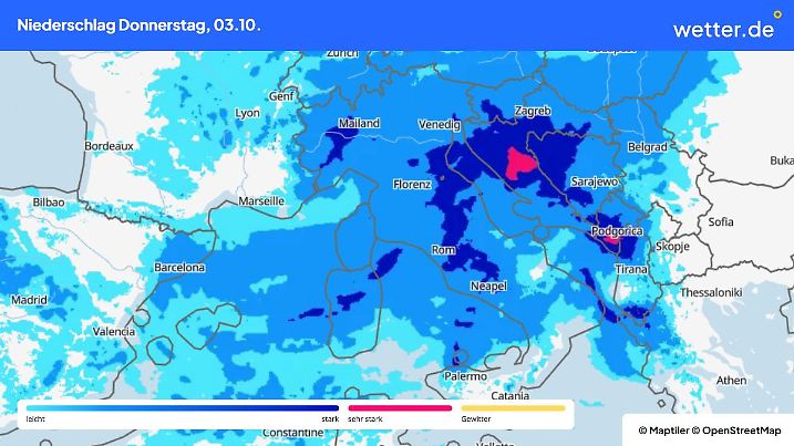 Regenmengen bis 300 Liter auf den Quadratmeter sind für Südeuropa vorausgesagt.