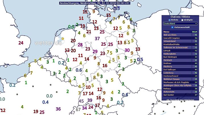 24-stündige Regenmengen Deutschland