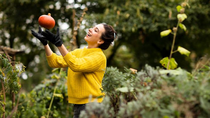 Woman playing with pumpkin while standing at urban garden model released Symbolfoto SGF02682