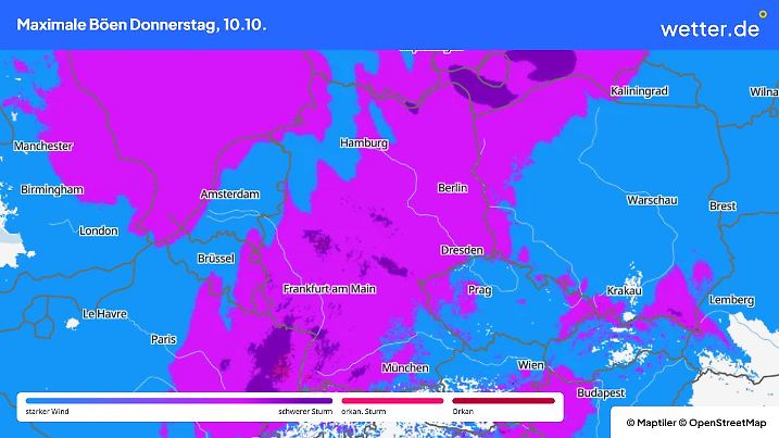 Die Grafik zeigt die stärksten Böen am Donnerstag, 07.10.2024