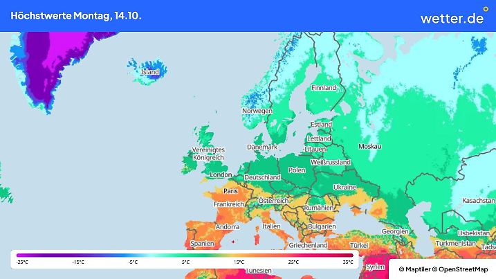 Die Höchstwerte in Europa am 14.10.2024