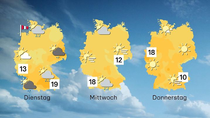 Der Wettertrend zeigt die Prognosen für Deutschland von Dienstag bis Donnerstag. Dienstrag sieht es noch regnerisch aus, doch die nächsten Tage werden deutlich freundlicher werden,