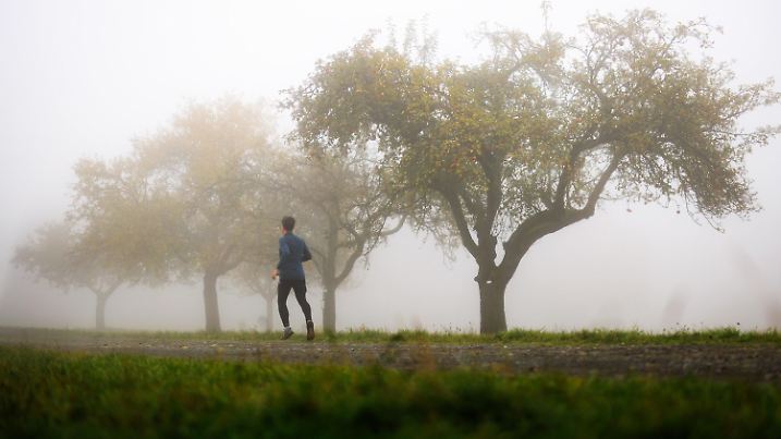 26.10.2024, Hessen, Niedernhausen: Ein Mann joggt im Nebel einen Waldweg entlang. Foto: Jörg Halisch/dpa +++ dpa-Bildfunk +++