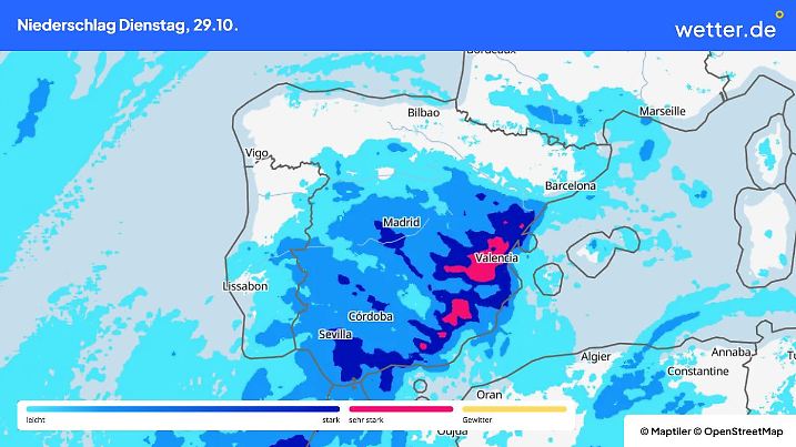 Prognose und Vorhersage für den Regen im Südwesten Europas
