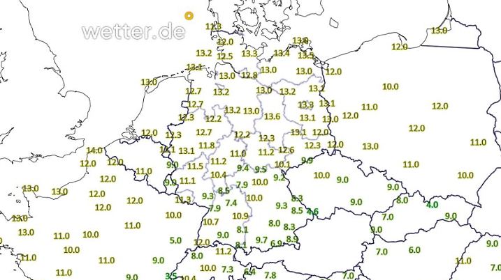 Die Temperaturen um 7 Uhr sind in Deutschland sehr unterschiedlich, je nach Bewölkung .