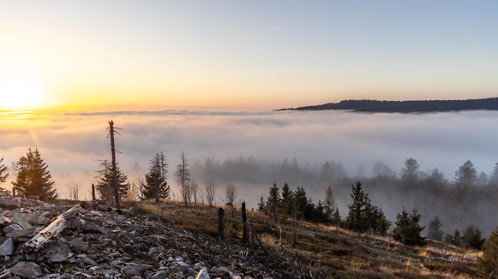 Sonnenuntergang über dem Nebel Die Höhenlagen des Taunus ragen am späten Nachmittag aus dem Hochnebel., Kronberg Hessen Deutschland *** Sunset over the fog The heights of the Taunus rise out of the high fog in the late afternoon , Kronberg Hessen Germany