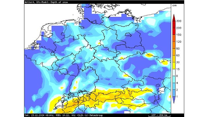 Die Karte zeigt die prognostizierten Schneehöhen am 23. November 2024 nach GFS-Modell.