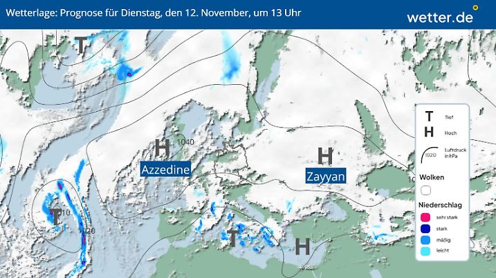 Die Grafik zeigt die Wetterlage am Dienstagmittag, 12.11.2024