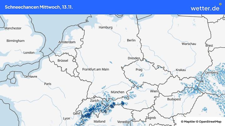 Die Grafik zeigt die Schneeflächen in Deutschland und den Alpen am Mittwoch, 13.11.2024
