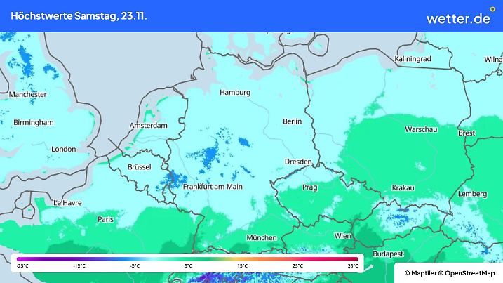 Die Grafik zeigt die Höchstwerte am Samstag, 23.11.2024