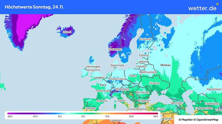 Die Grafikzeigt die Höchstwerte am Sonntag, 24.11.2024 in Europa