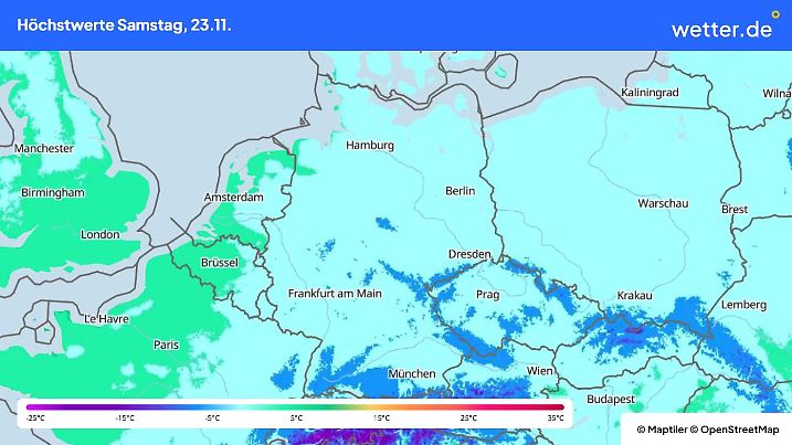 Die Grafik zeigt die Höchstwerte am Samstag, 23.11.2024
