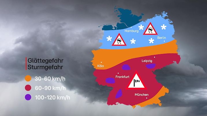 Farbliche Abstufungen zeigen, dass es im Süden stürmisch wird und Schnee im Norden fällt