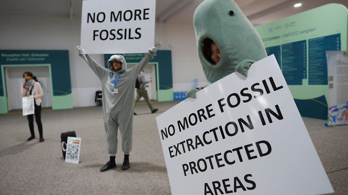 A person in a dugong costume, right, holds a sign that reads "no more fossil extraction in protected areas" at the COP29 U.N. Climate Summit, Wednesday, Nov. 20, 2024, in Baku, Azerbaijan. (AP Photo/Peter Dejong)