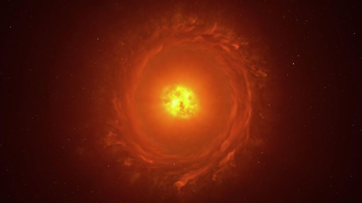 22.11.2024, ---: Eine undatierte, grafische Darstellung zeigt den "sterbenden" Stern WOH G64. Astonomen haben ein Bild hoher Auflsöung von einem Stern außerhalb unserer Galaxie veröffentlicht. Foto: L. Calçada/Eso/dpa - ACHTUNG: Nur zur redaktionellen Verwendung im Zusammenhang mit der aktuellen Berichterstattung und nur mit vollständiger Nennung des vorstehenden Credits +++ dpa-Bildfunk +++